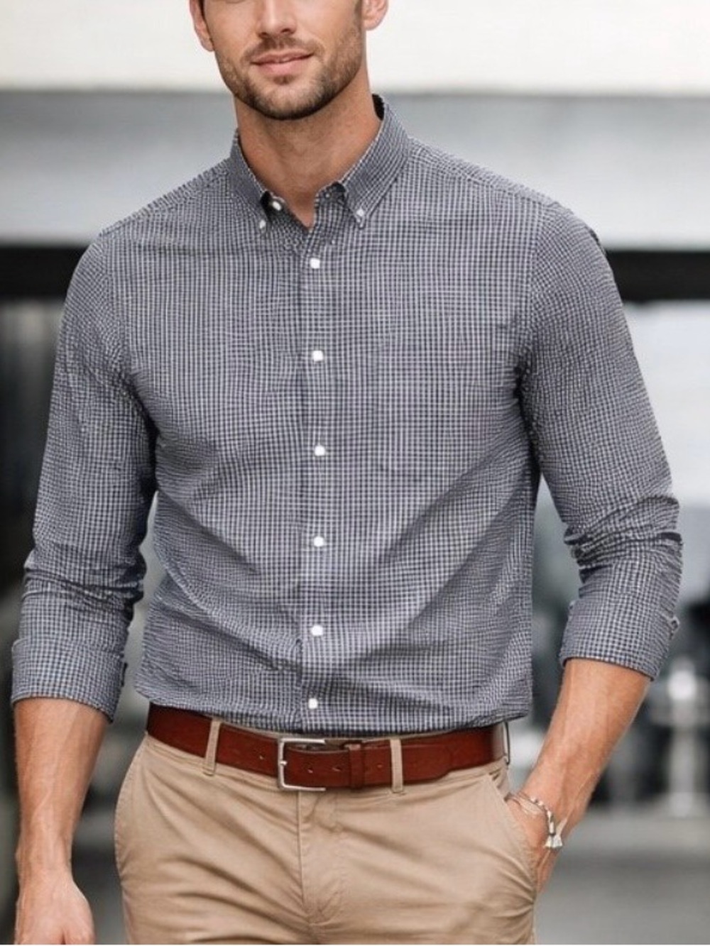 GAP Men's L Check Blue White Cotton Woven Point Collar Button-Front Shirt